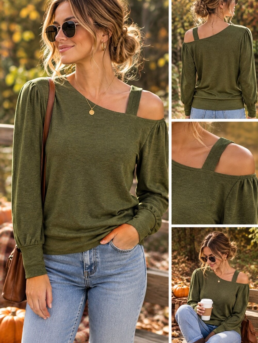 We The Free Women Knit Pullover Sweater Green Cold Shoulder Long Sleeve M
